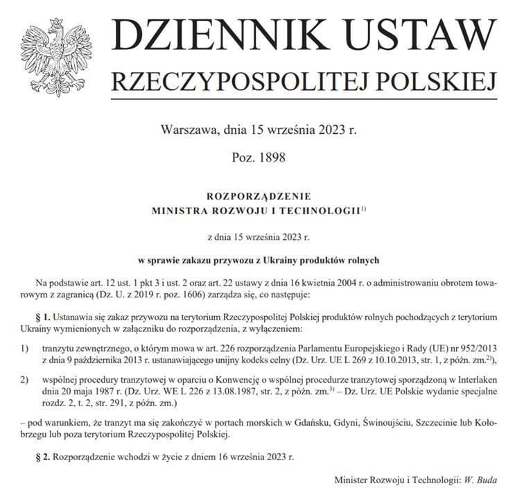 Zakaz przywozu na terytorium Rzeczypospolitej Polskiej produktów rolnych pochodzących z terytorium Ukrainy